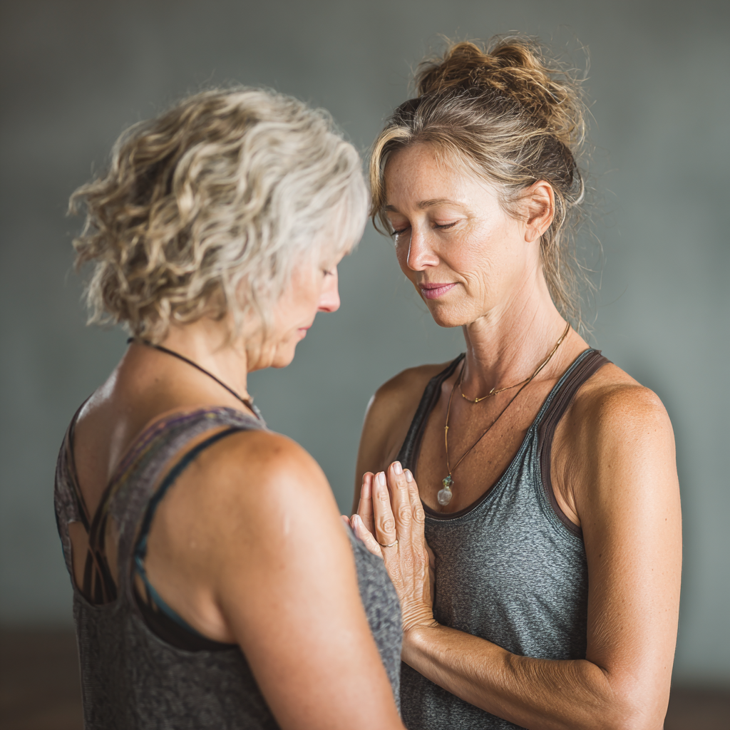 Experienced yoga instructor in her fifties providing gentle guidance to 50 years old student in peaceful studio setting