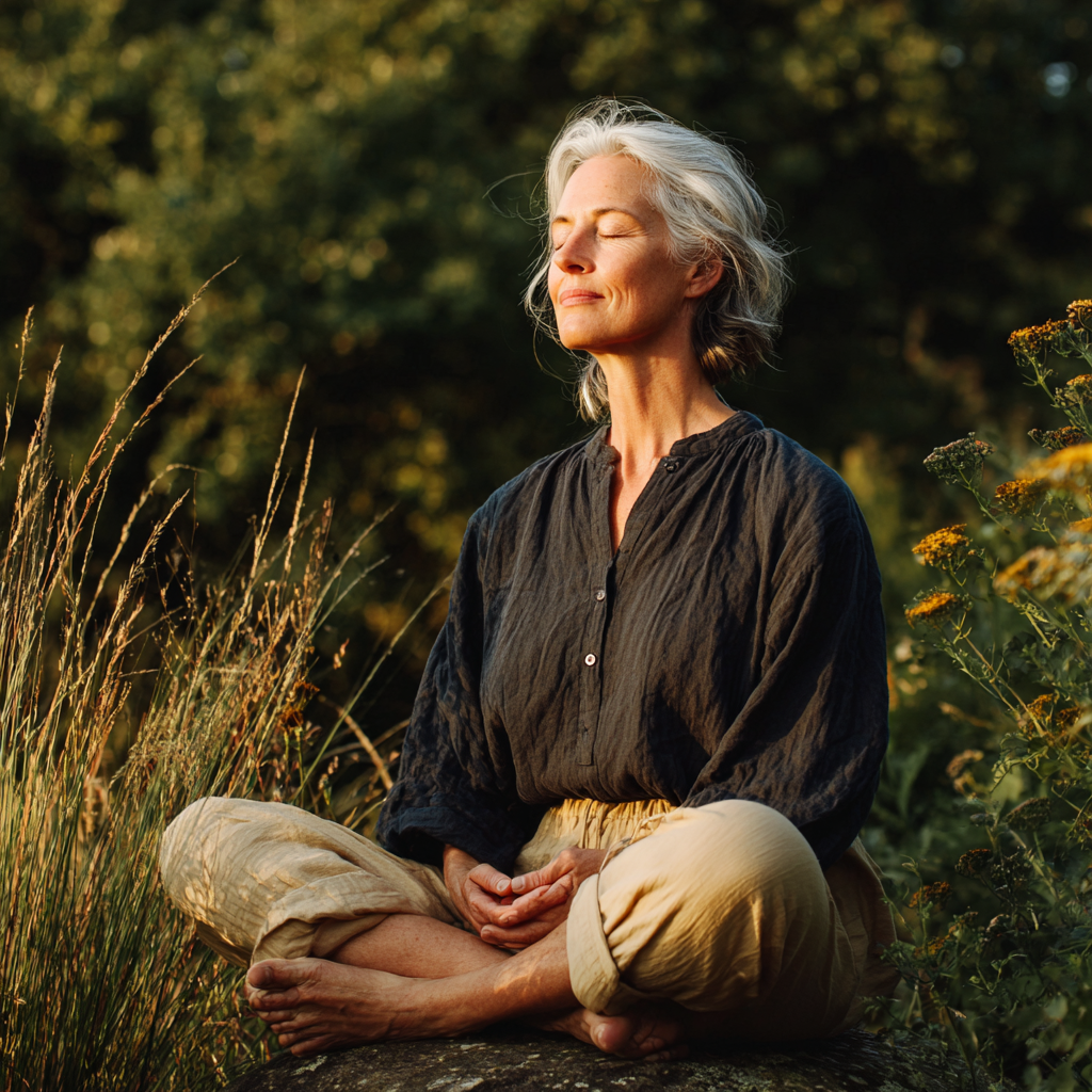 Mature woman in her fifties practicing mindful meditation in natural outdoor setting
