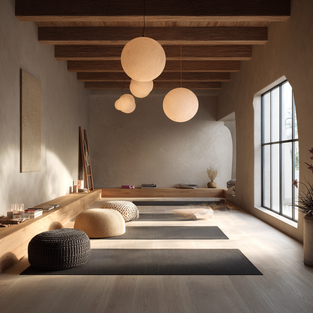 Tranquil yoga studio interior designed for mature practitioners with natural materials and soft lighting